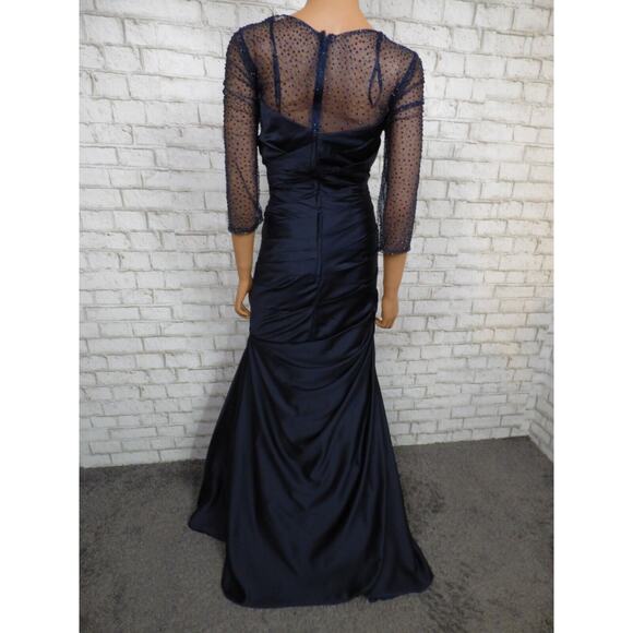 $558 La Femme 30138 Navy Blue Satin Ruched Trumpet Illusion Gown 12 NEW - Picture 13 of 16